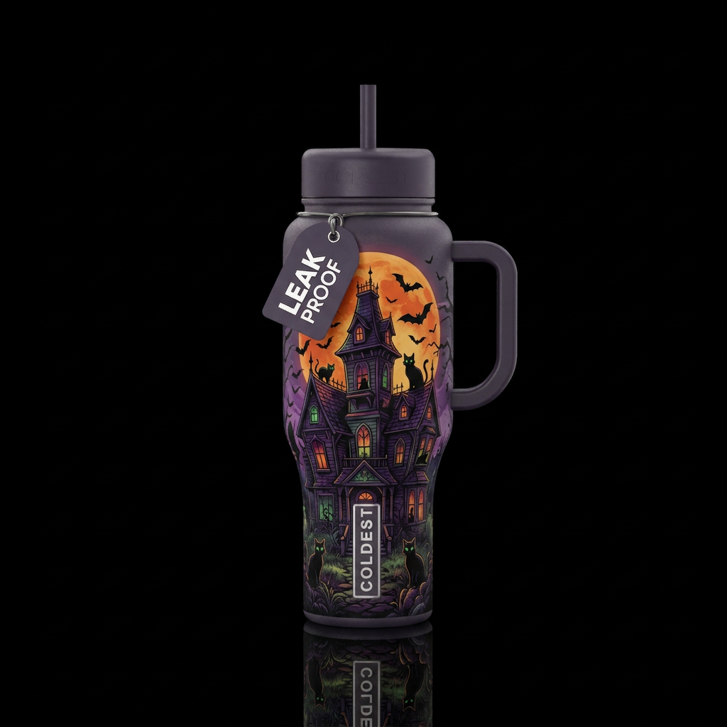 Bats and black cats, dark and eerie setting, haunt... water bottle design