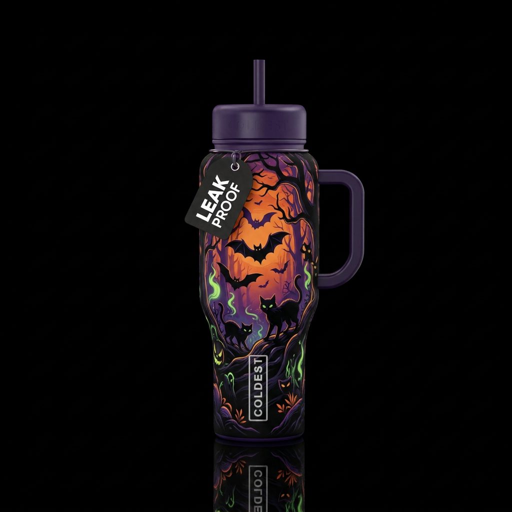 Bats and black cats, dark and eerie setting, orang... water bottle design