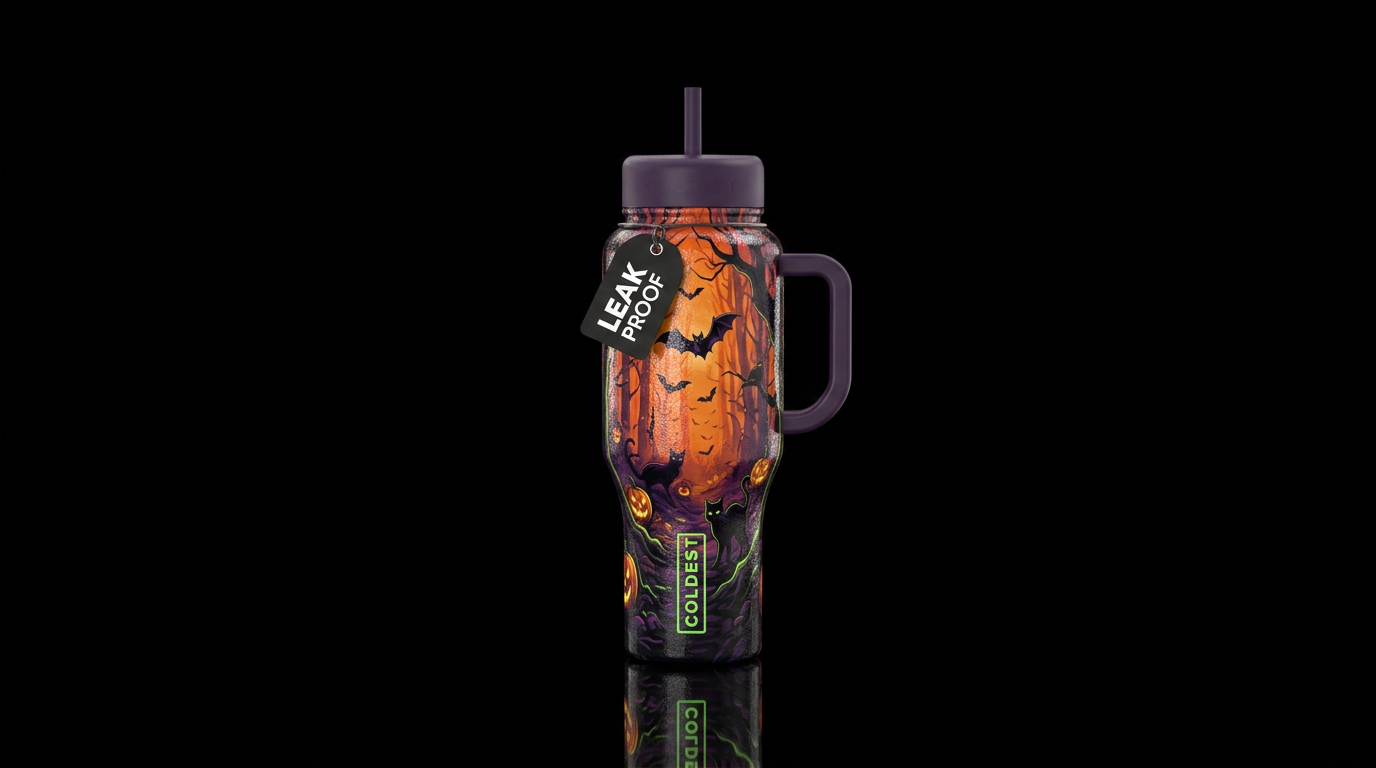 Bats and black cats, dark and eerie setting, orang... water bottle design