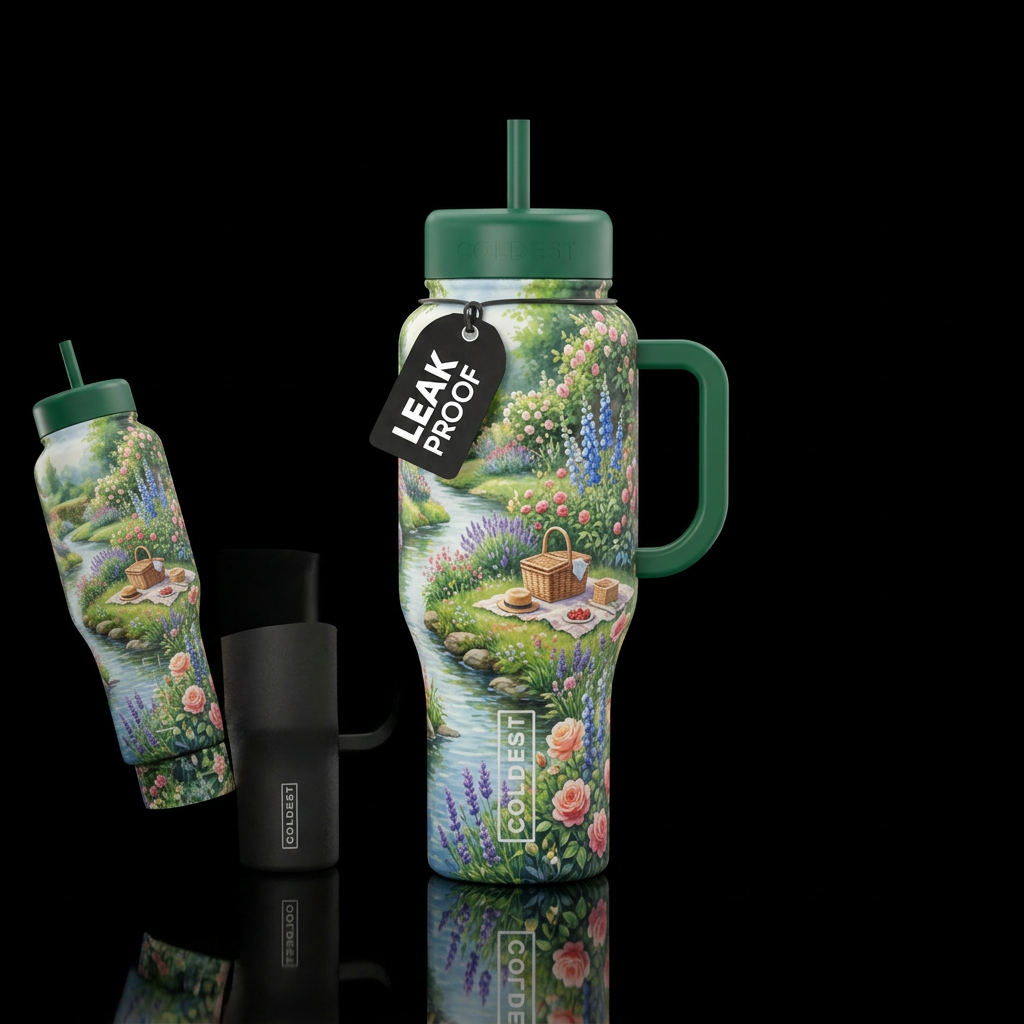 Stream, English garden, flowers, picnic water bottle design