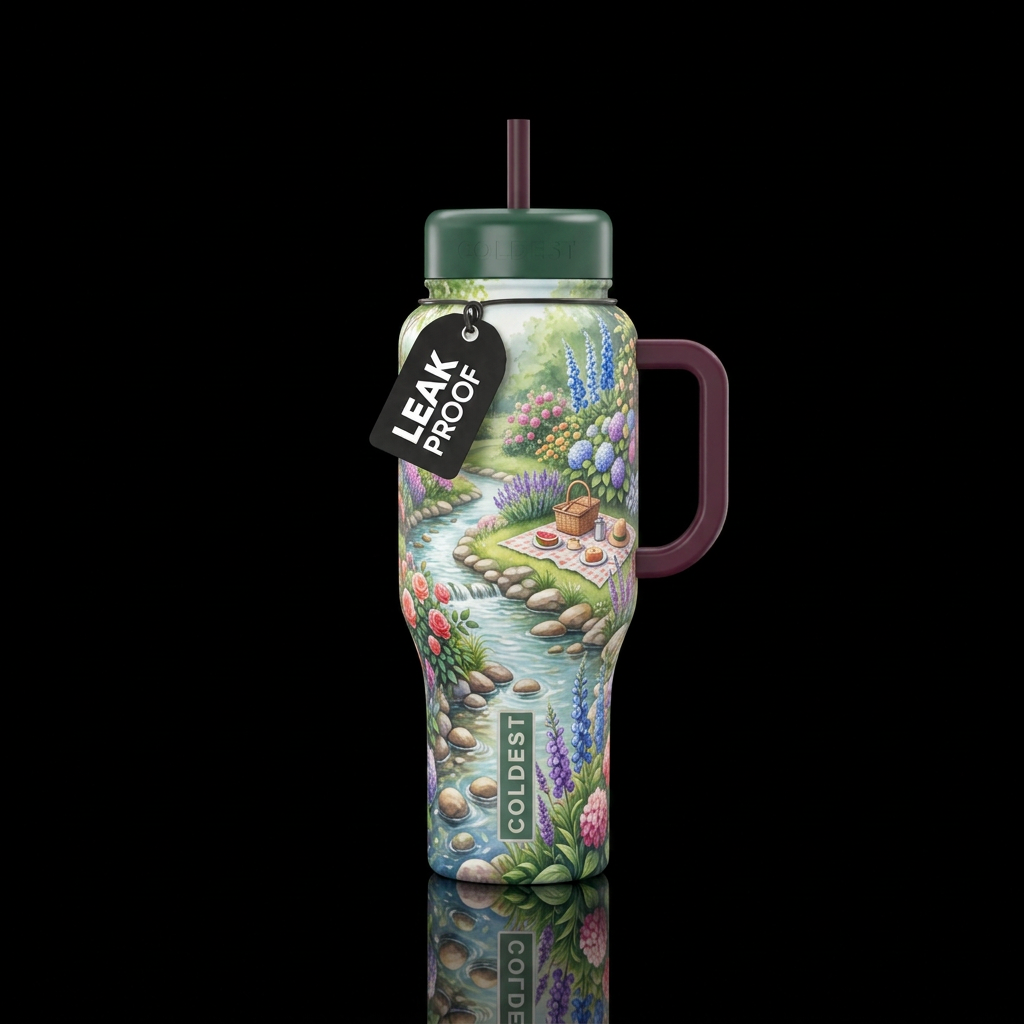 Stream, English garden, flowers, picnic water bottle design
