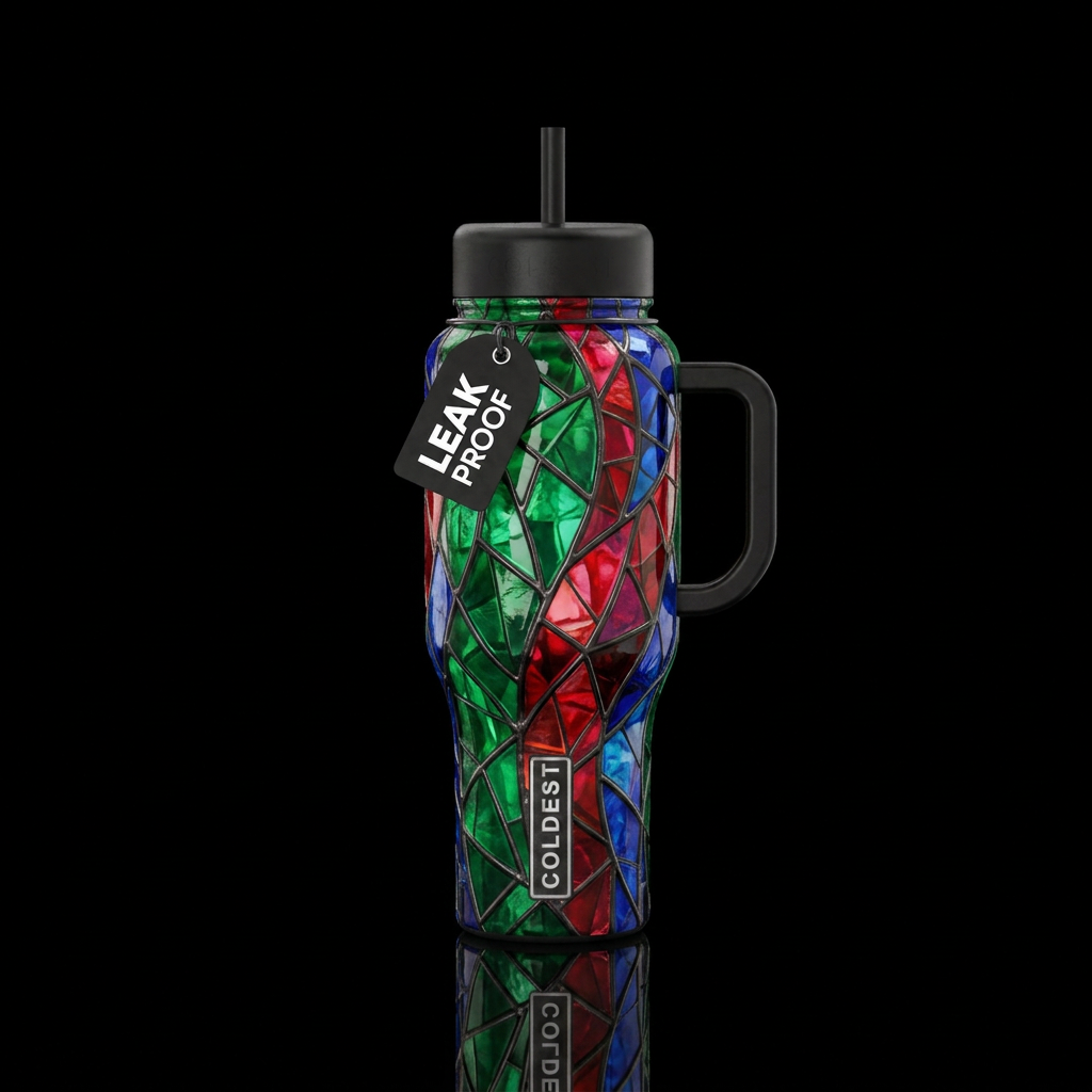 Emerald, ruby, sapphire, abstract, stained glass water bottle design