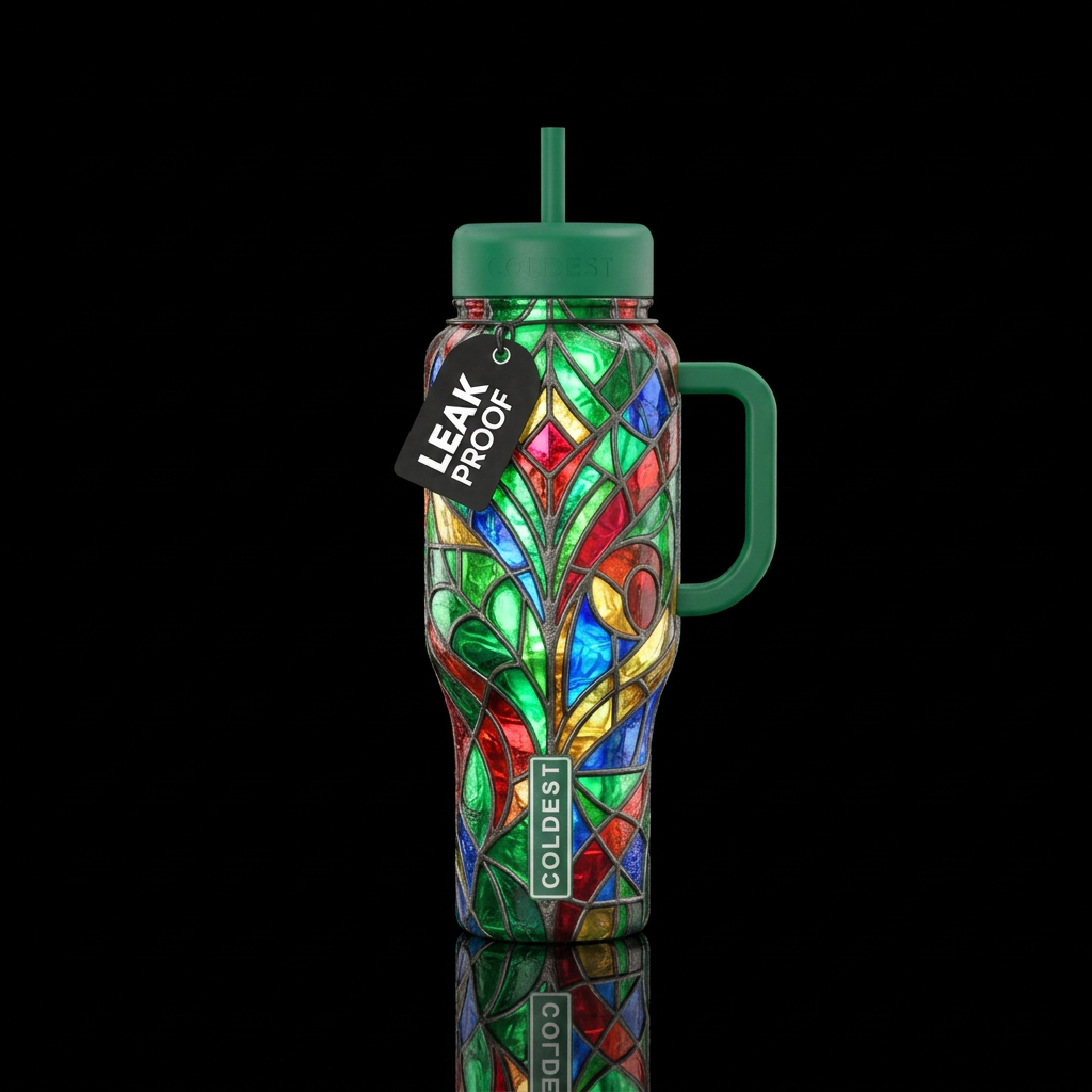 Emerald, ruby, sapphire, abstract, stained glass water bottle design