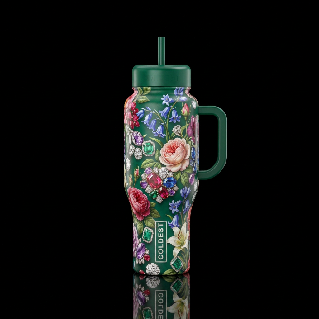 English floral, gemstone water bottle design