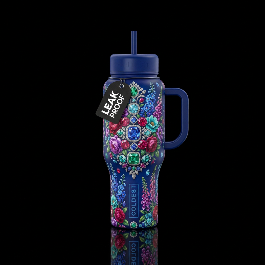 English floral, gemstone water bottle design