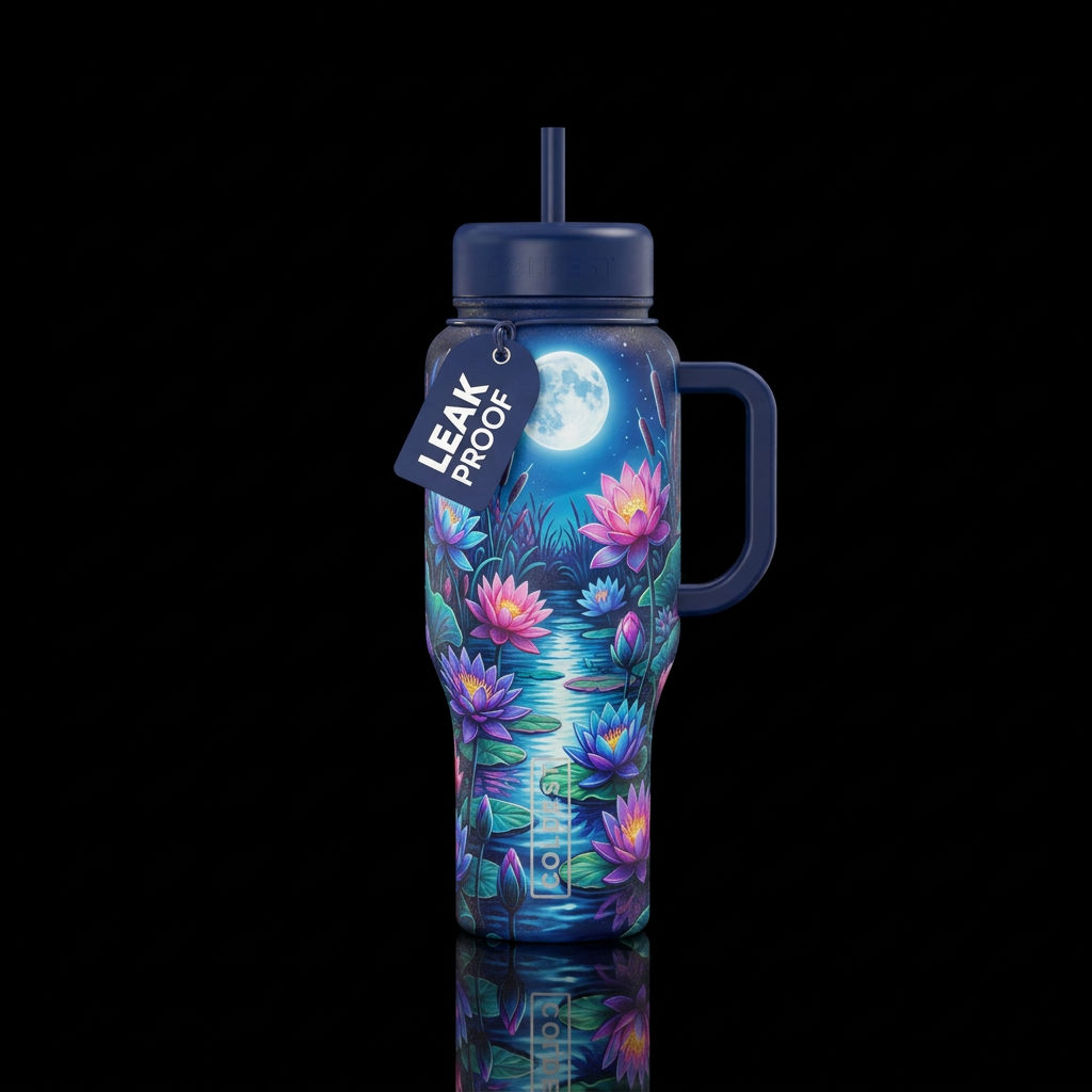 Floral, evening, moonlight, pond water bottle design