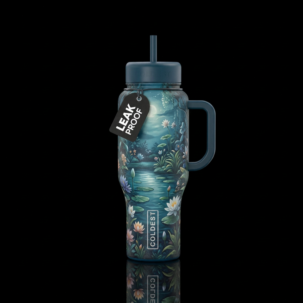 Floral, evening, moonlight, pond water bottle design