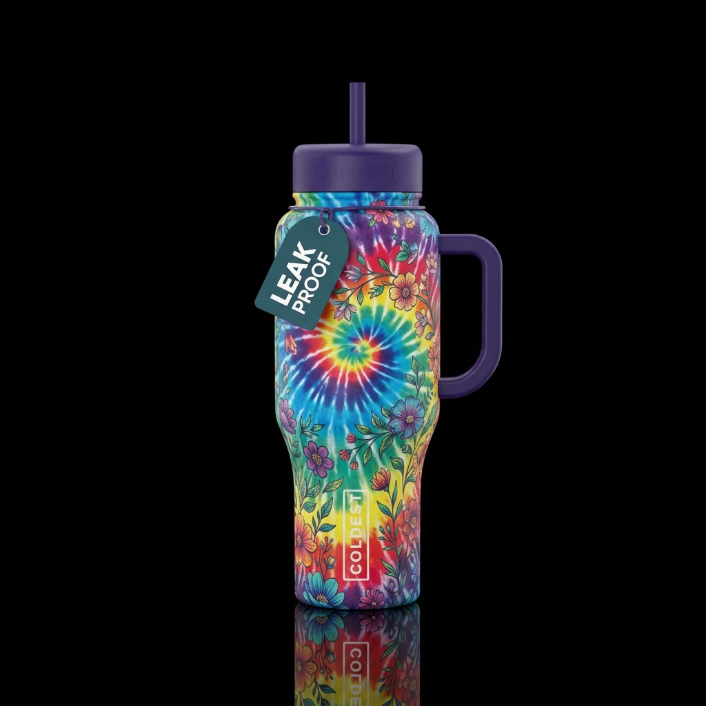 Tie dye, rainbow, floral water bottle design
