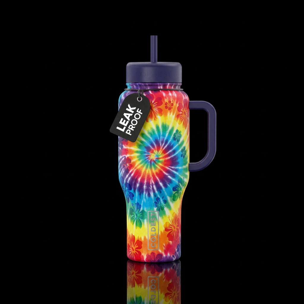 Tie dye, rainbow, floral water bottle design