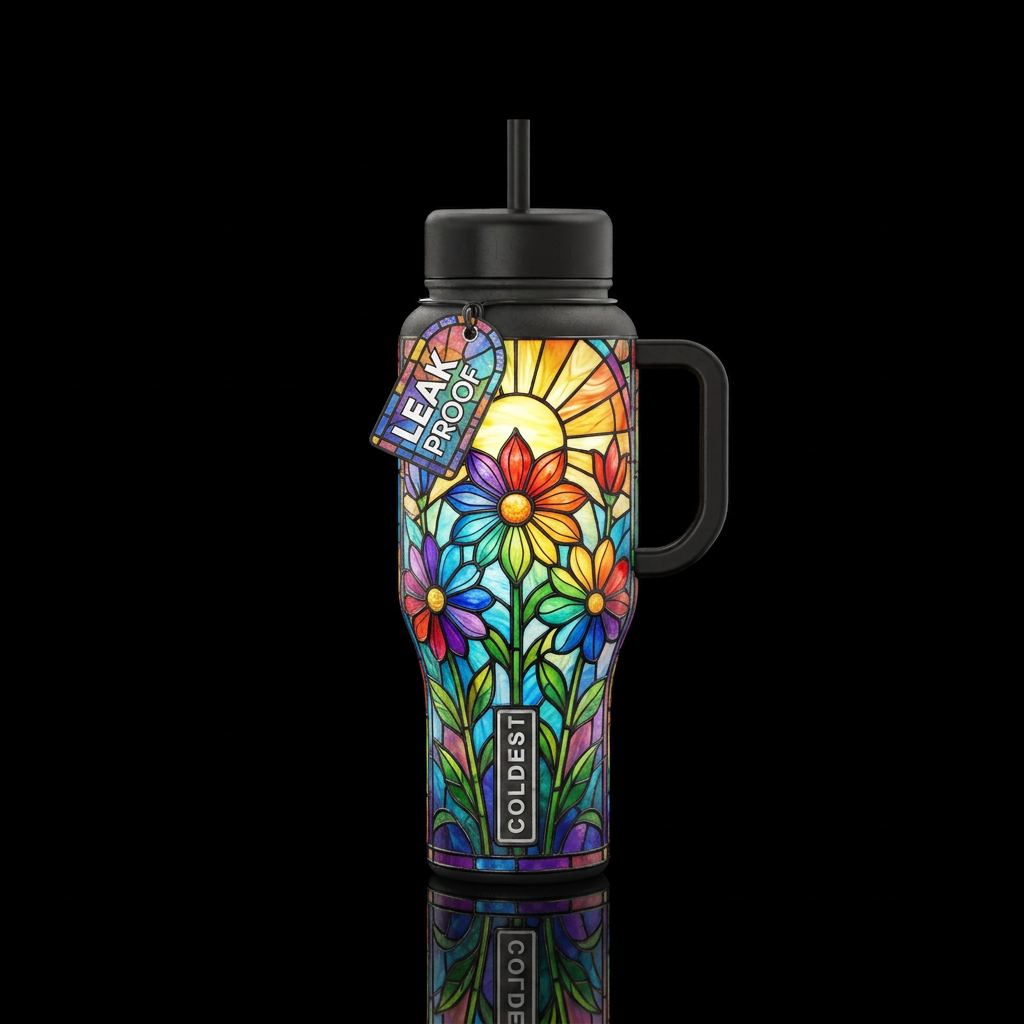 Rainbow, floral, stained glass water bottle design
