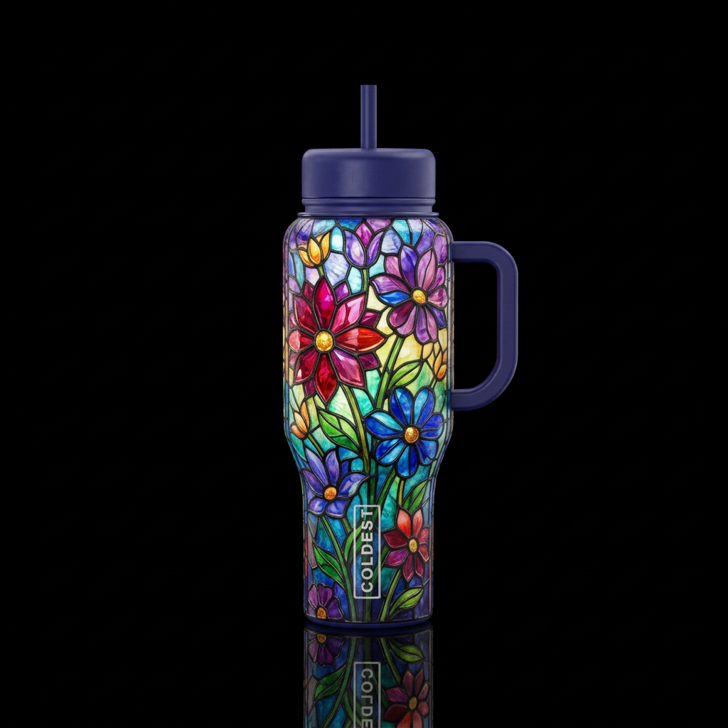 Rainbow, floral, stained glass water bottle design