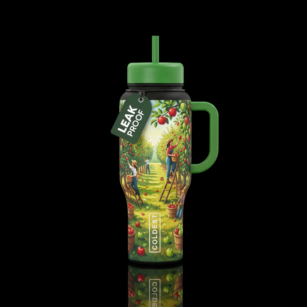 Apple picking, orchard water bottle design