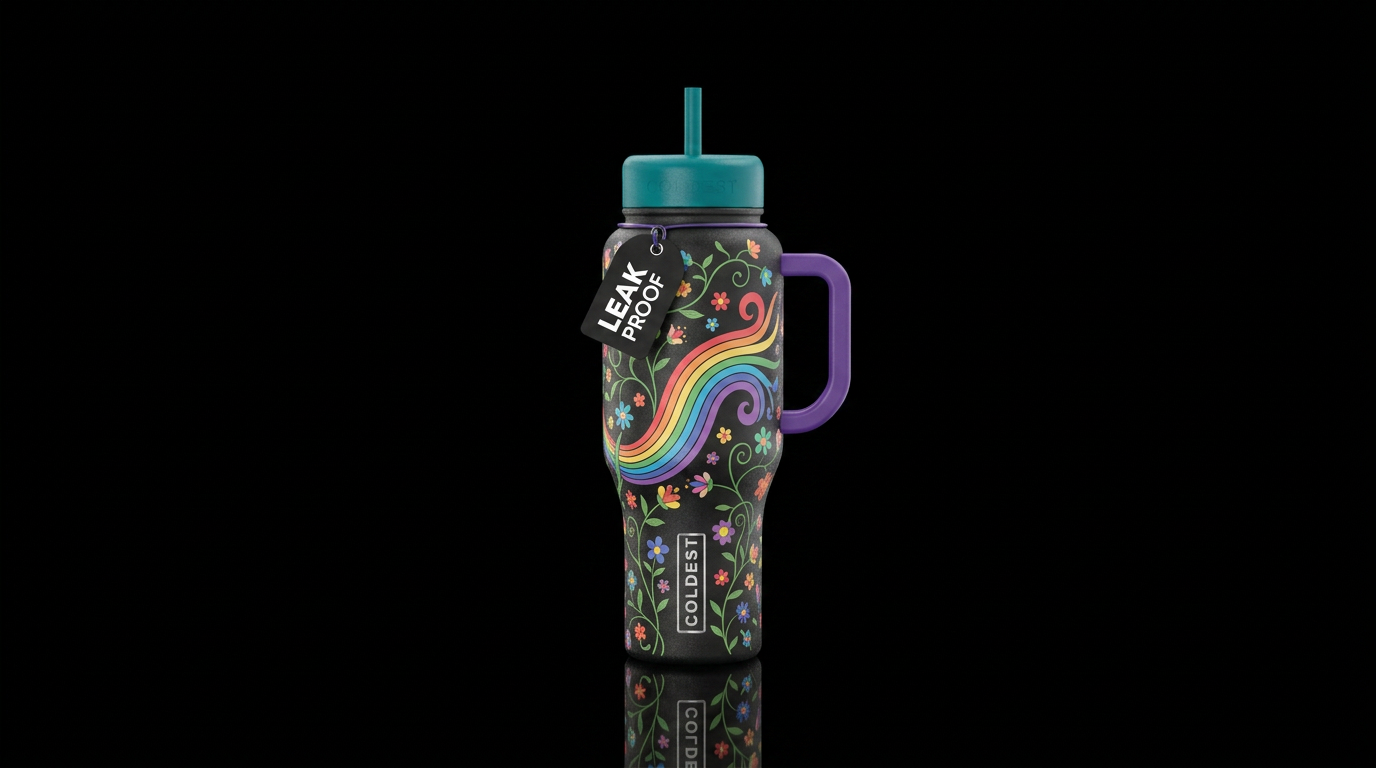 Floral, vining, rainbow water bottle design