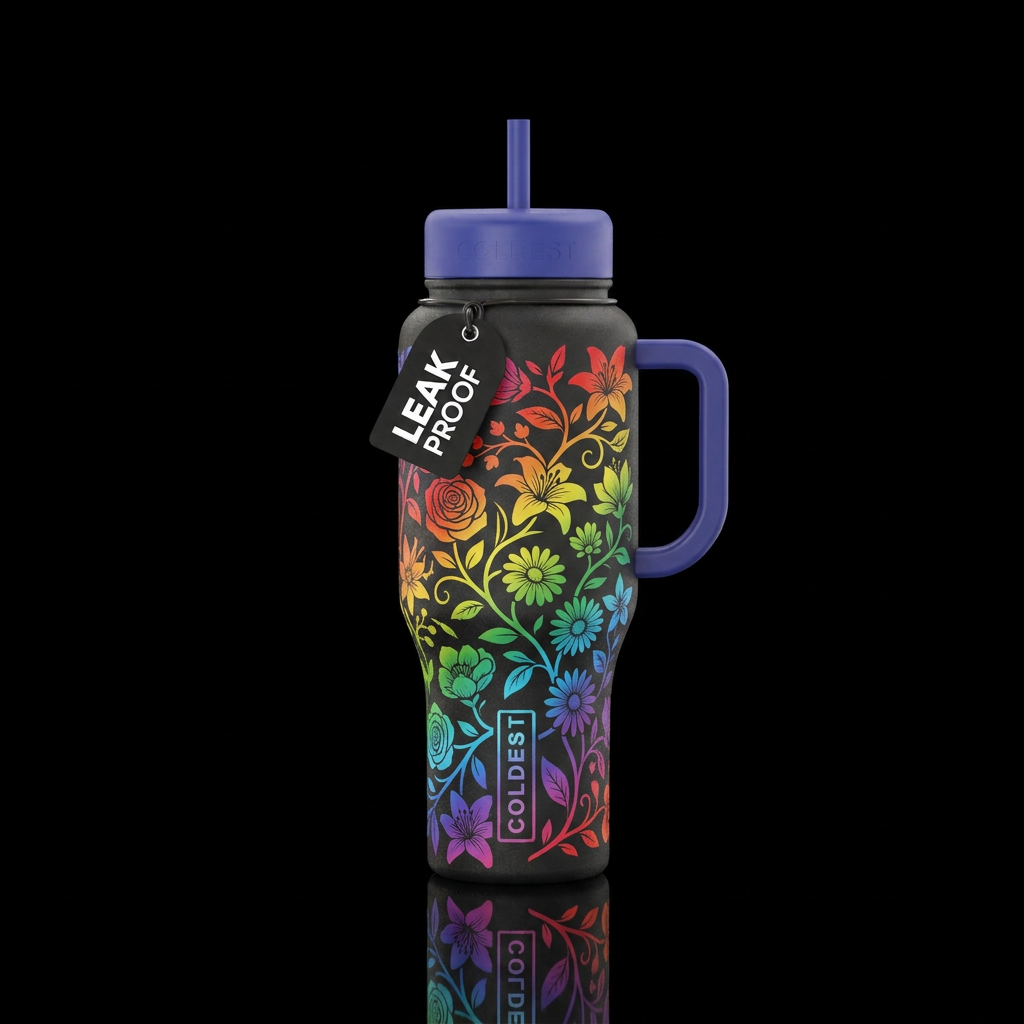Floral, vining, rainbow water bottle design