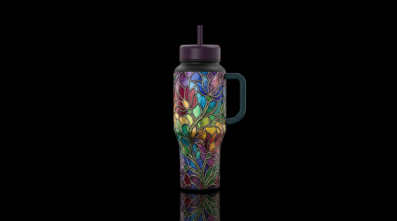 Floral, vining, rainbow, stained glass water bottle design