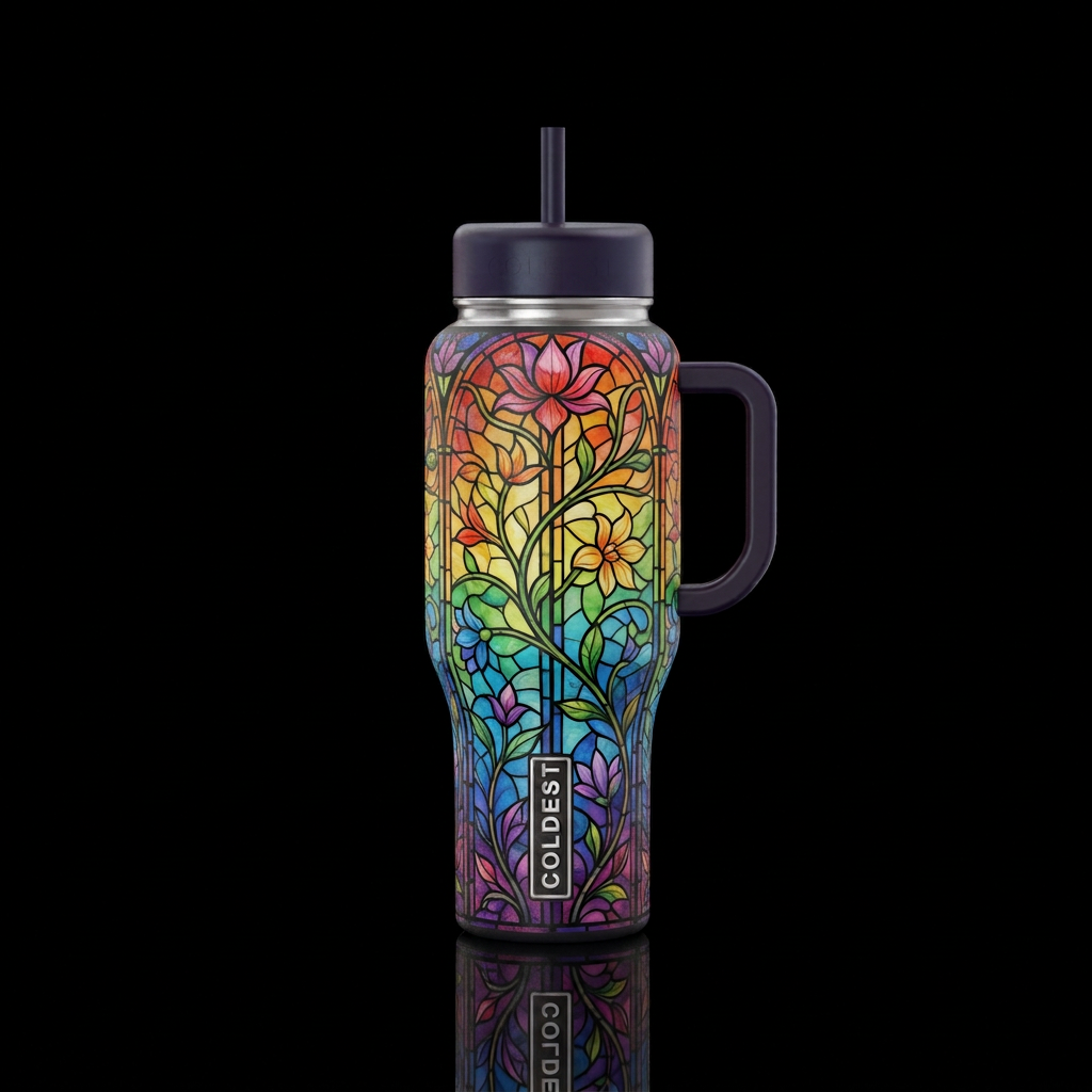Floral, vining, rainbow, stained glass water bottle design