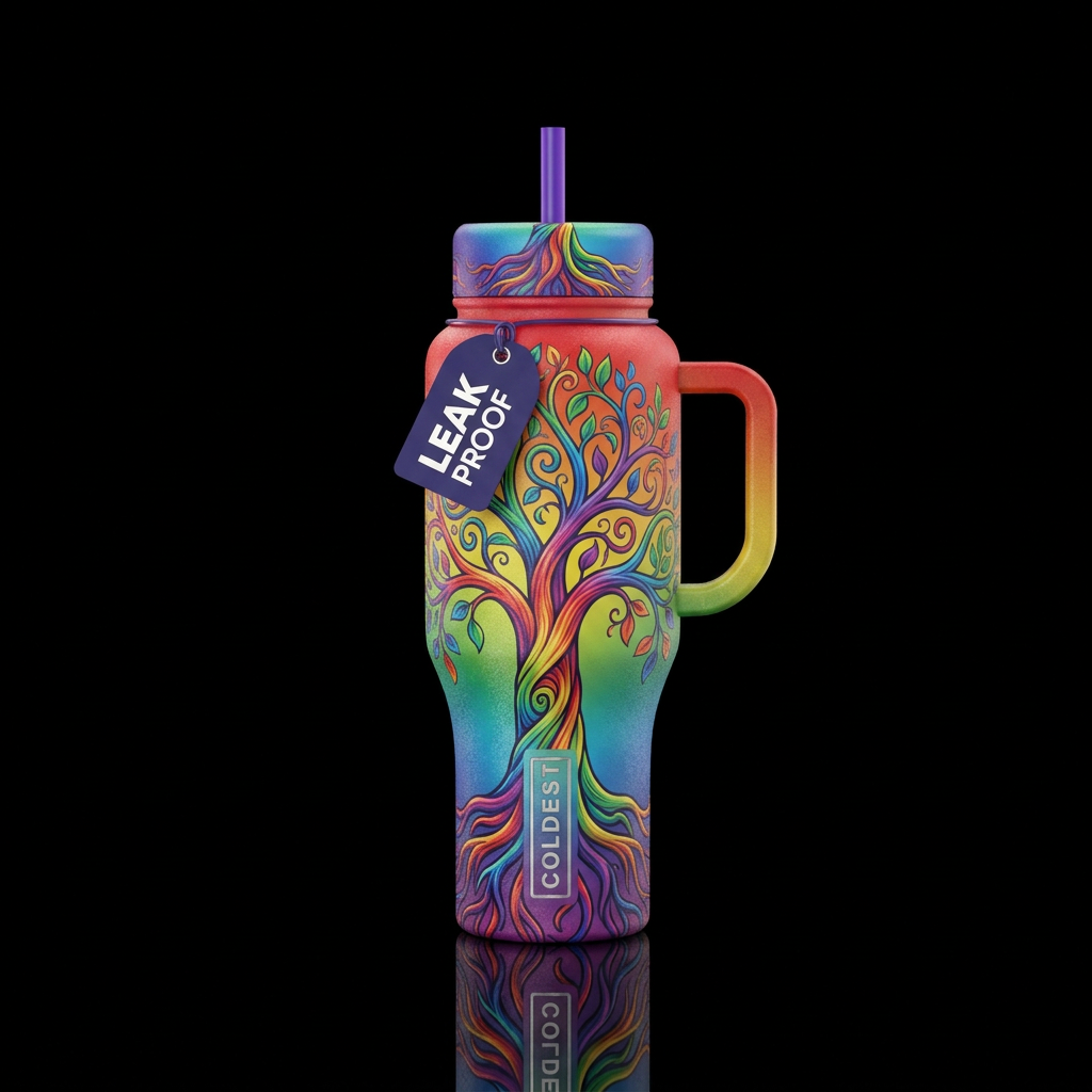 Rainbow colored tree of life water bottle design