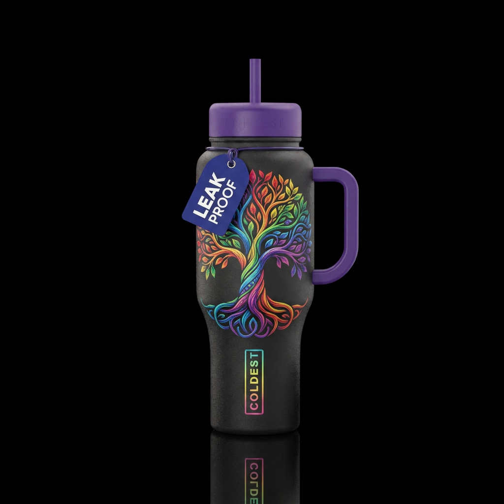 Rainbow colored tree of life water bottle design