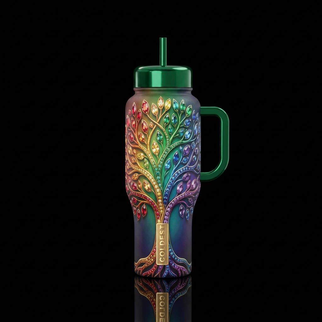 Rainbow colored tree of life, gemstones water bottle design