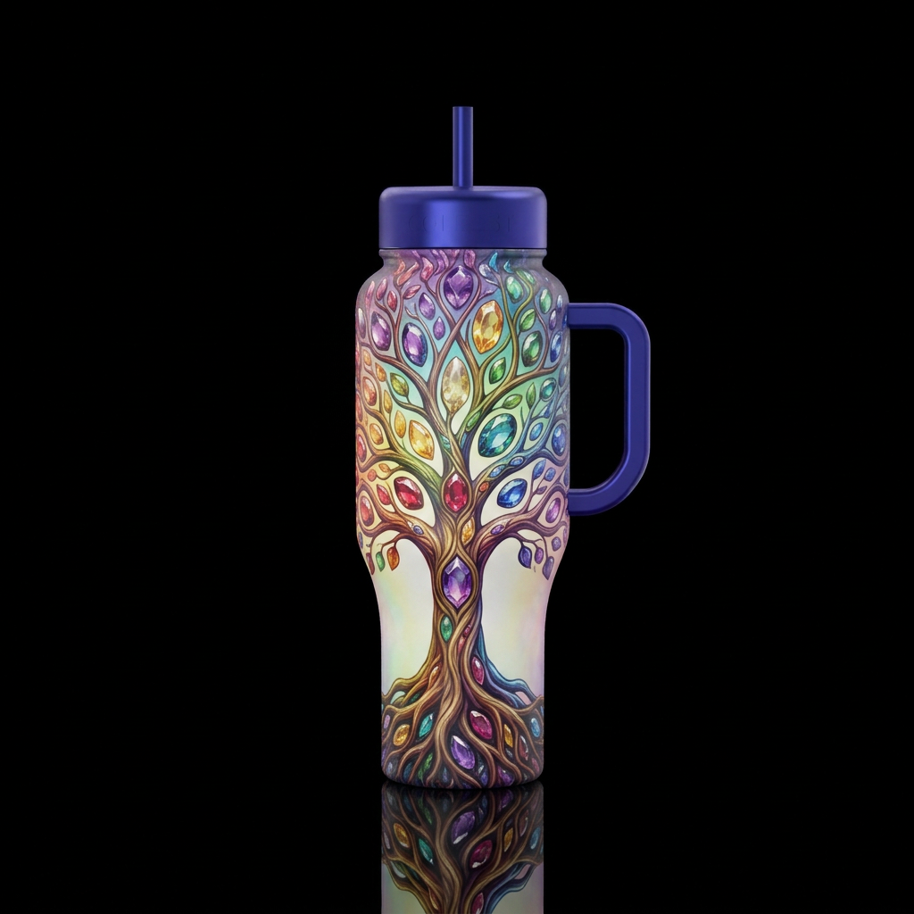 Rainbow colored tree of life, gemstones water bottle design