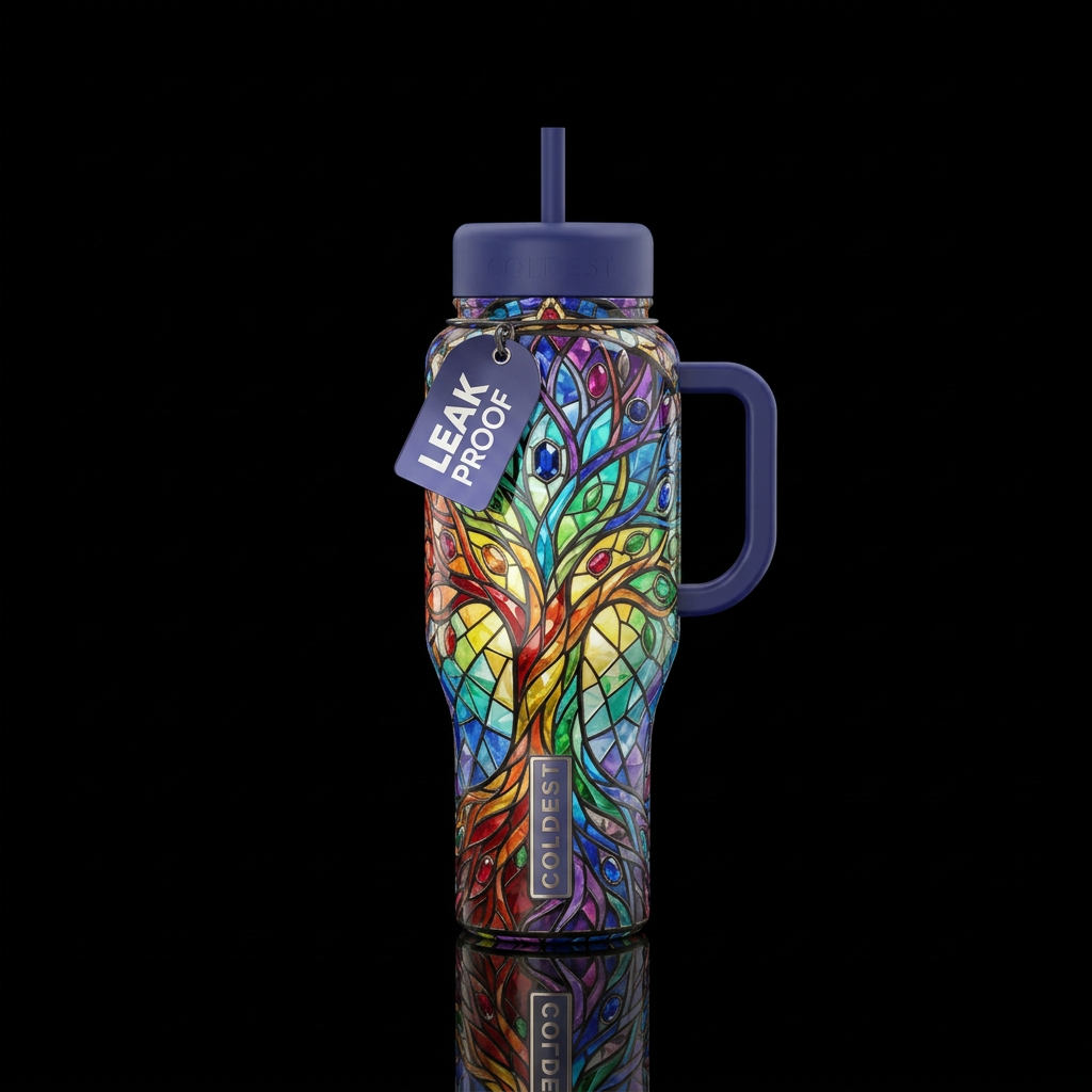 Rainbow colored tree of life, gemstones, stained g... water bottle design