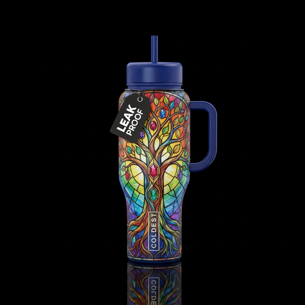 Rainbow colored tree of life, gemstones, stained g... water bottle design