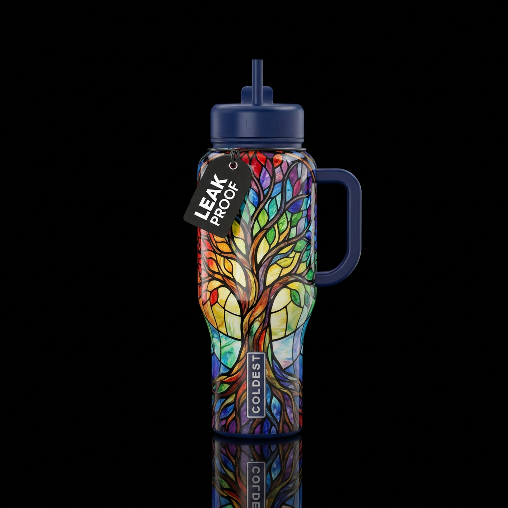 Rainbow colored tree of life, stained glass water bottle design
