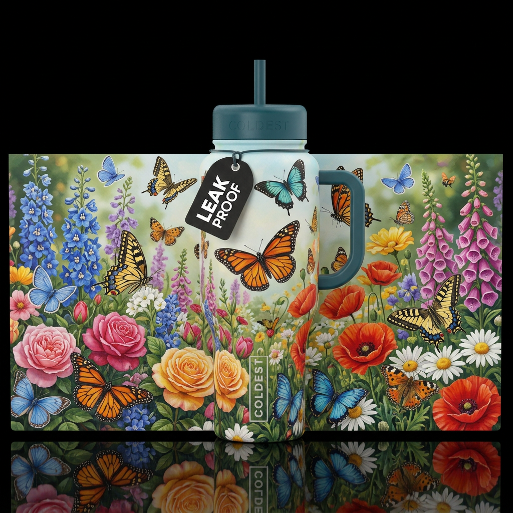 Butterfly garden, English garden water bottle design