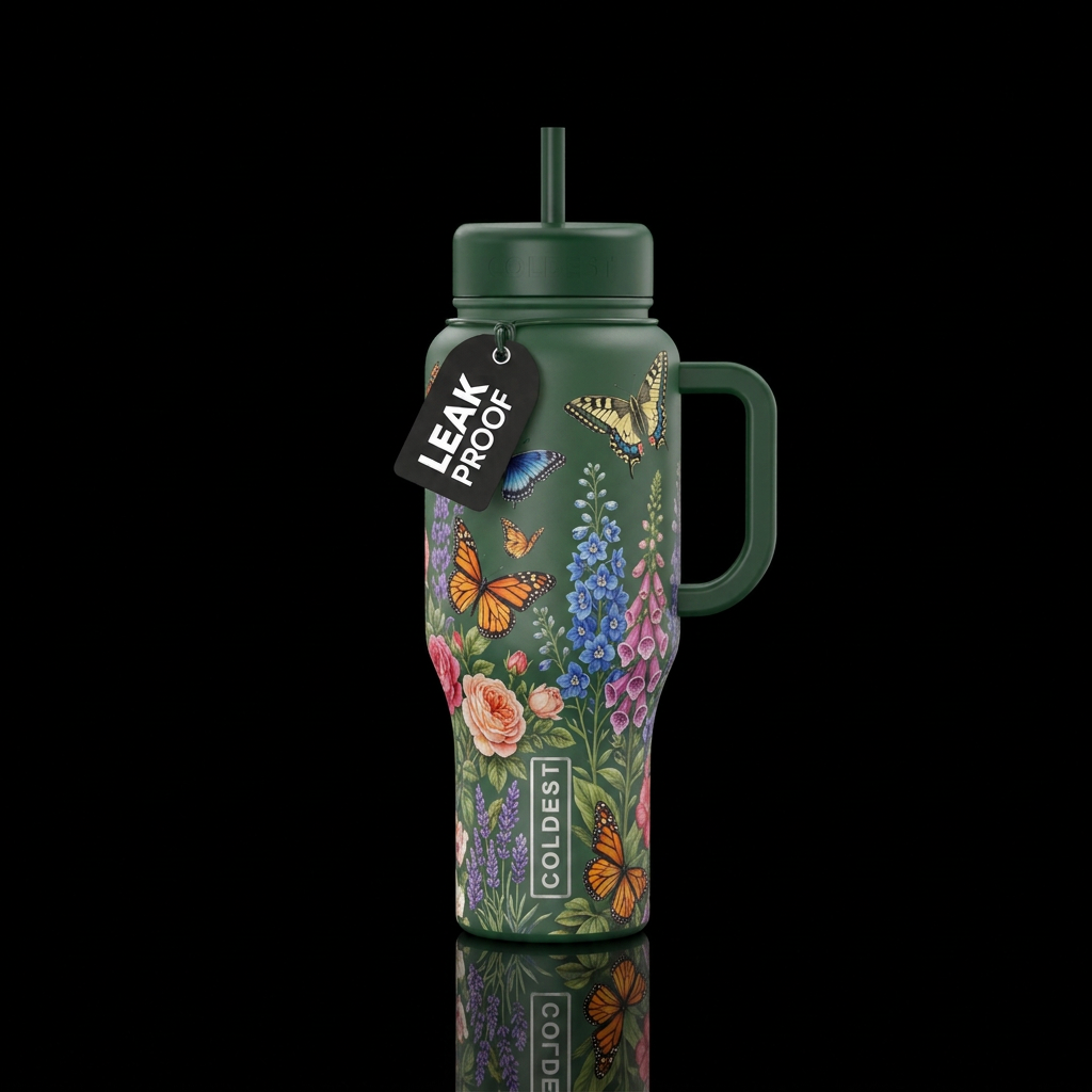 Butterfly garden, English garden water bottle design