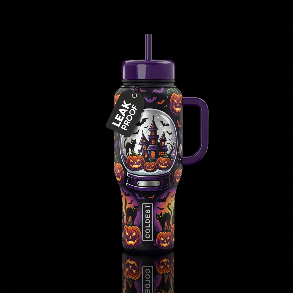 Halloween, scary pumpkins, black cats, bats, haunt... water bottle design