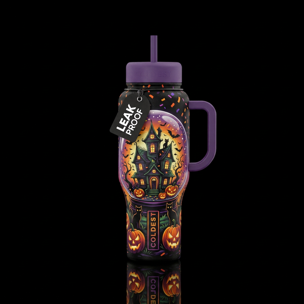 Halloween, scary pumpkins, black cats, bats, haunt... water bottle design