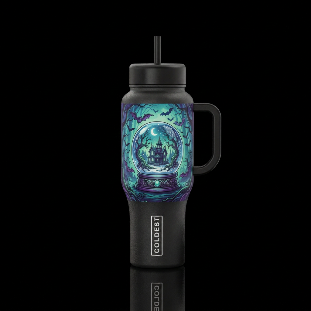 Haunted forest, bats, eerie, snow globe water bottle design