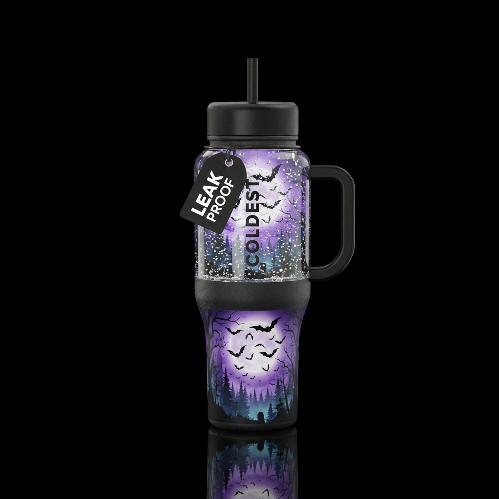 Haunted forest, bats, eerie, snow globe water bottle design
