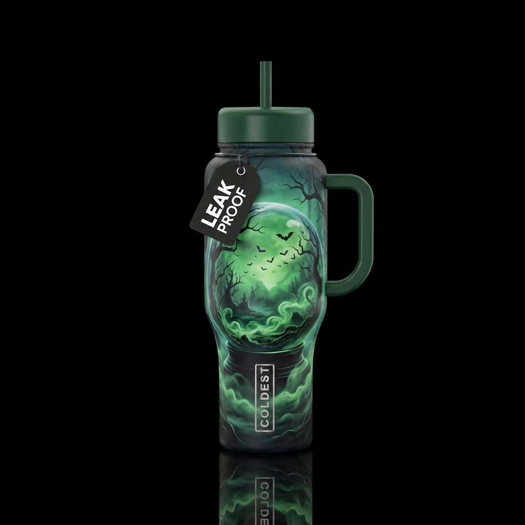 Halloween themed globe with an eerie dark forest, ... water bottle design