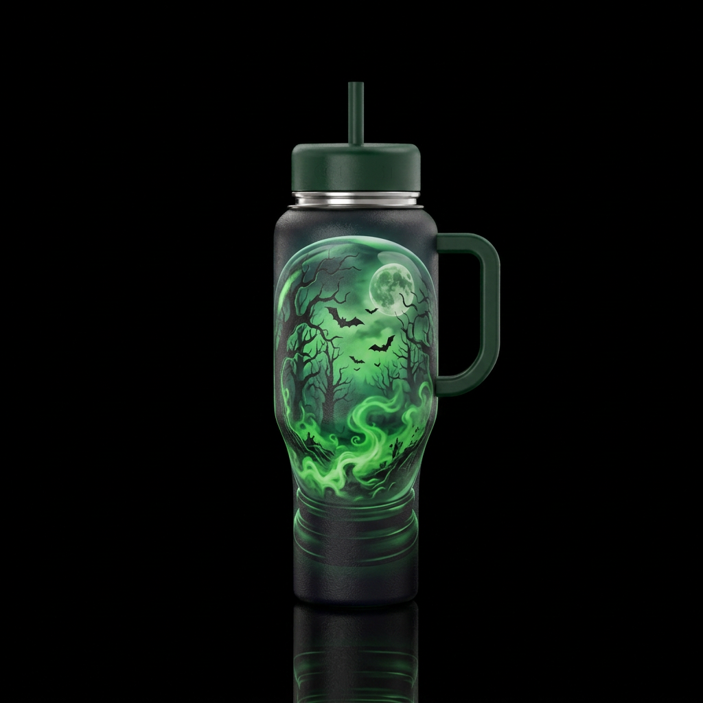 Halloween themed globe with an eerie dark forest, ... water bottle design