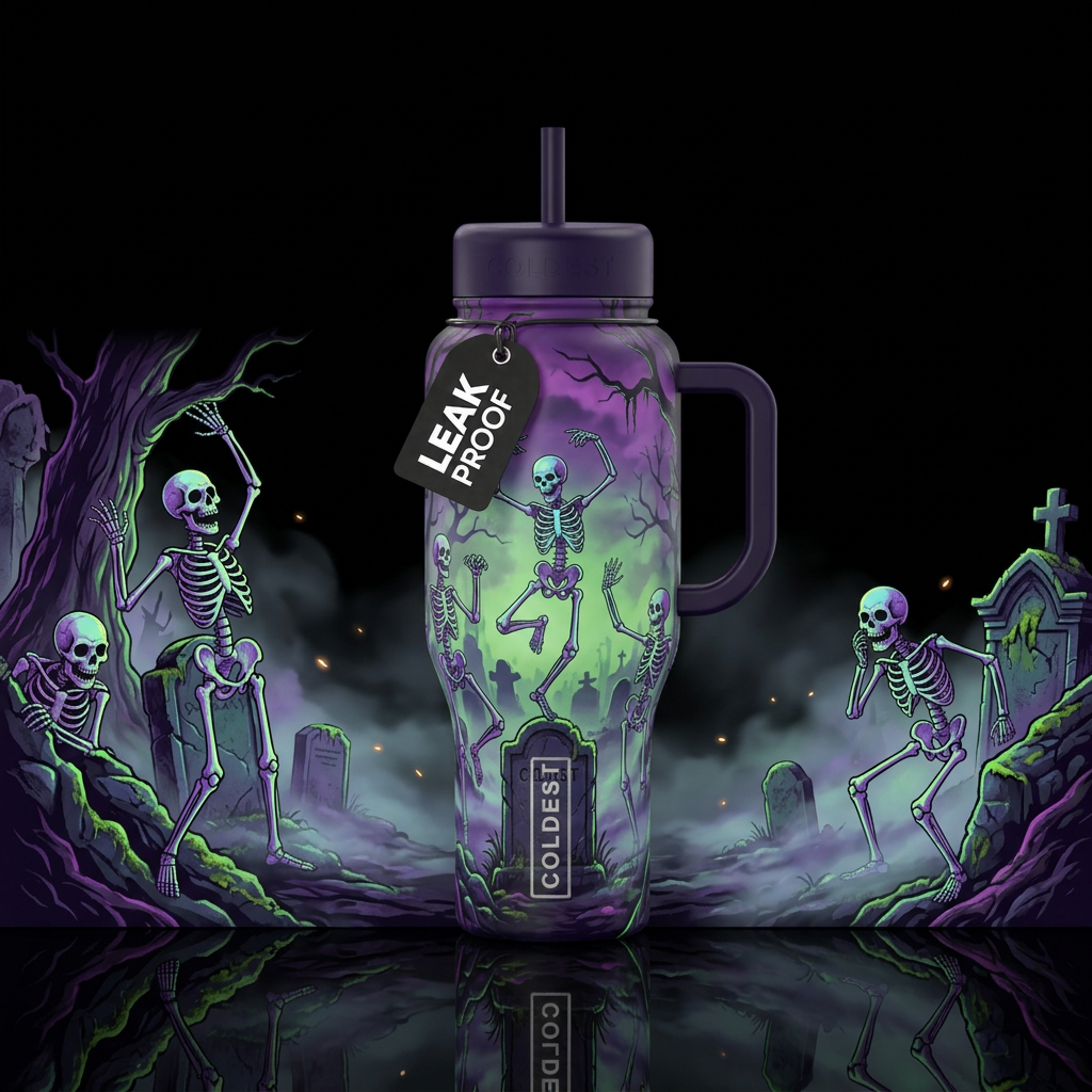 Spooky scary skeletons, grave yard, eerie fog water bottle design