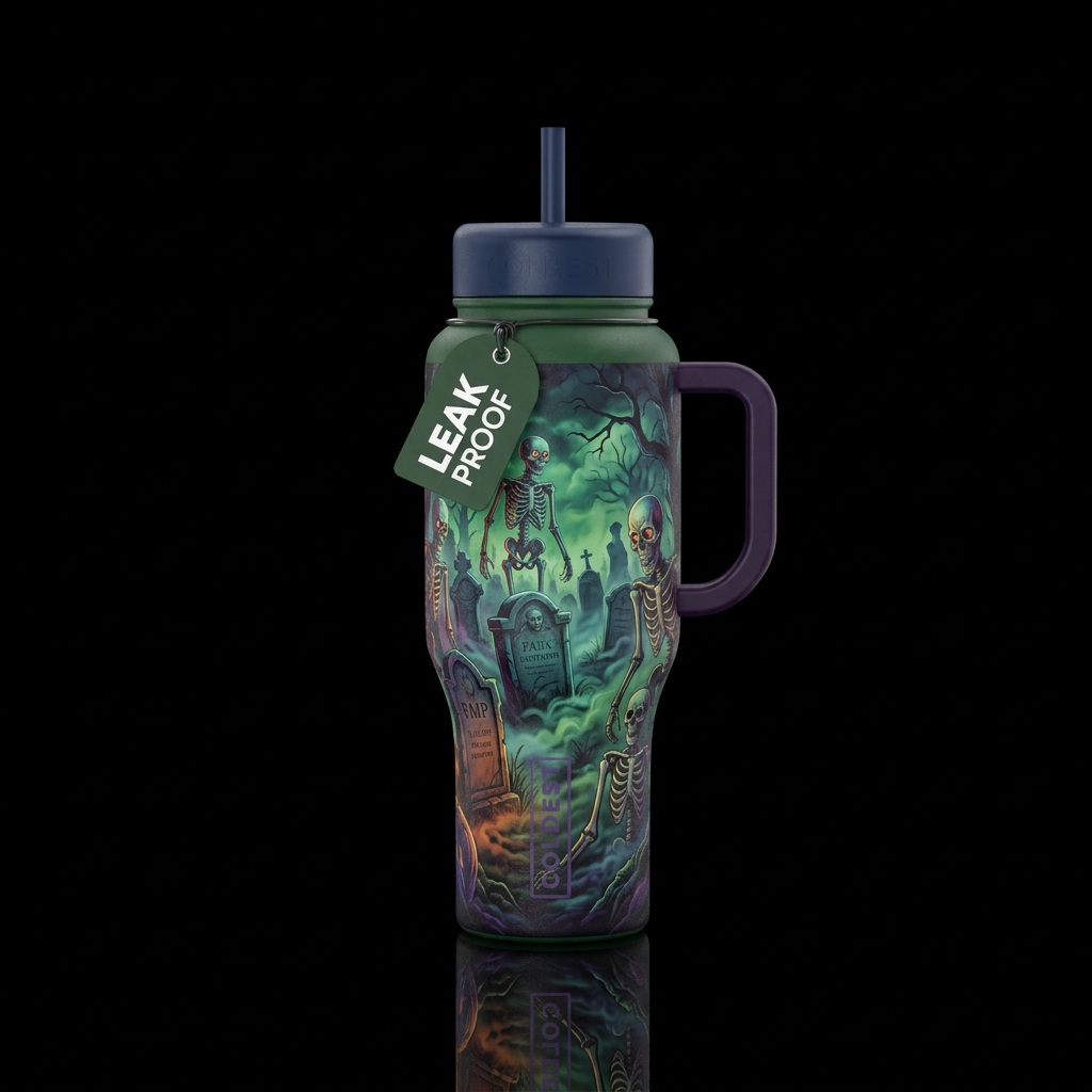 Spooky scary skeletons, grave yard, eerie fog water bottle design
