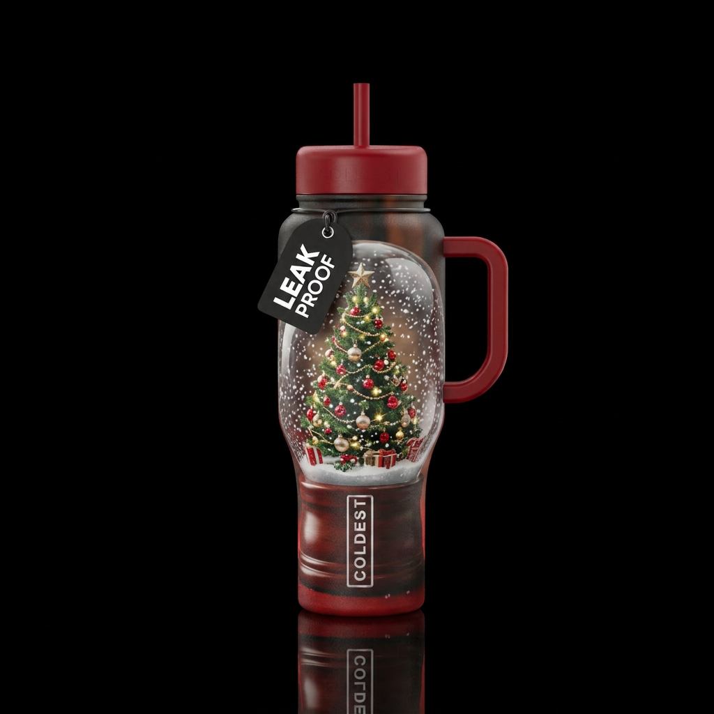 Christmas tree inside snow globe water bottle design