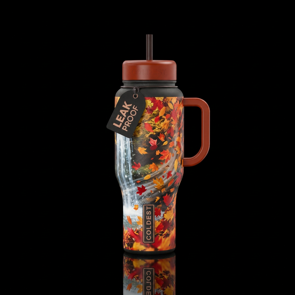 Fall, falling leaves, water fall, light breeze water bottle design