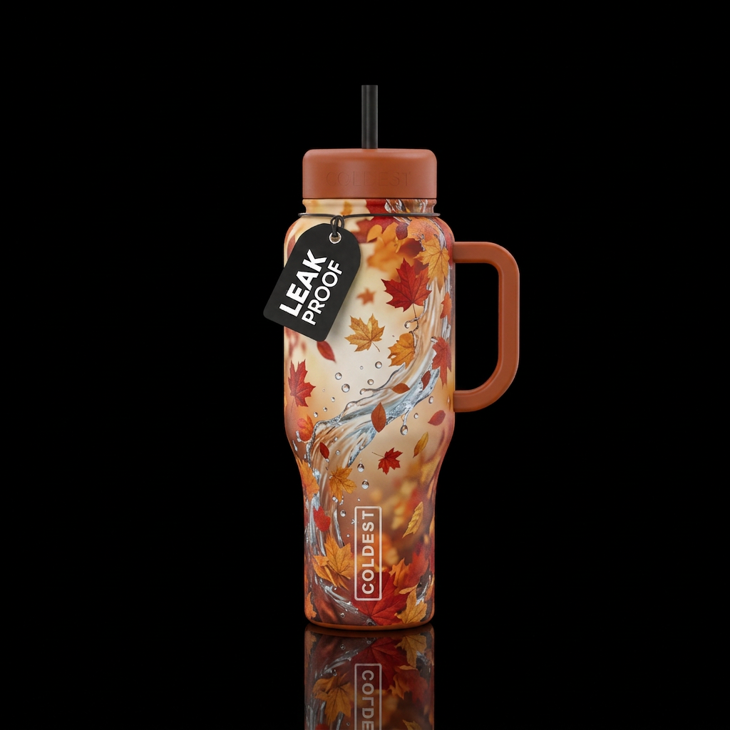 Fall, falling leaves, water fall, light breeze water bottle design