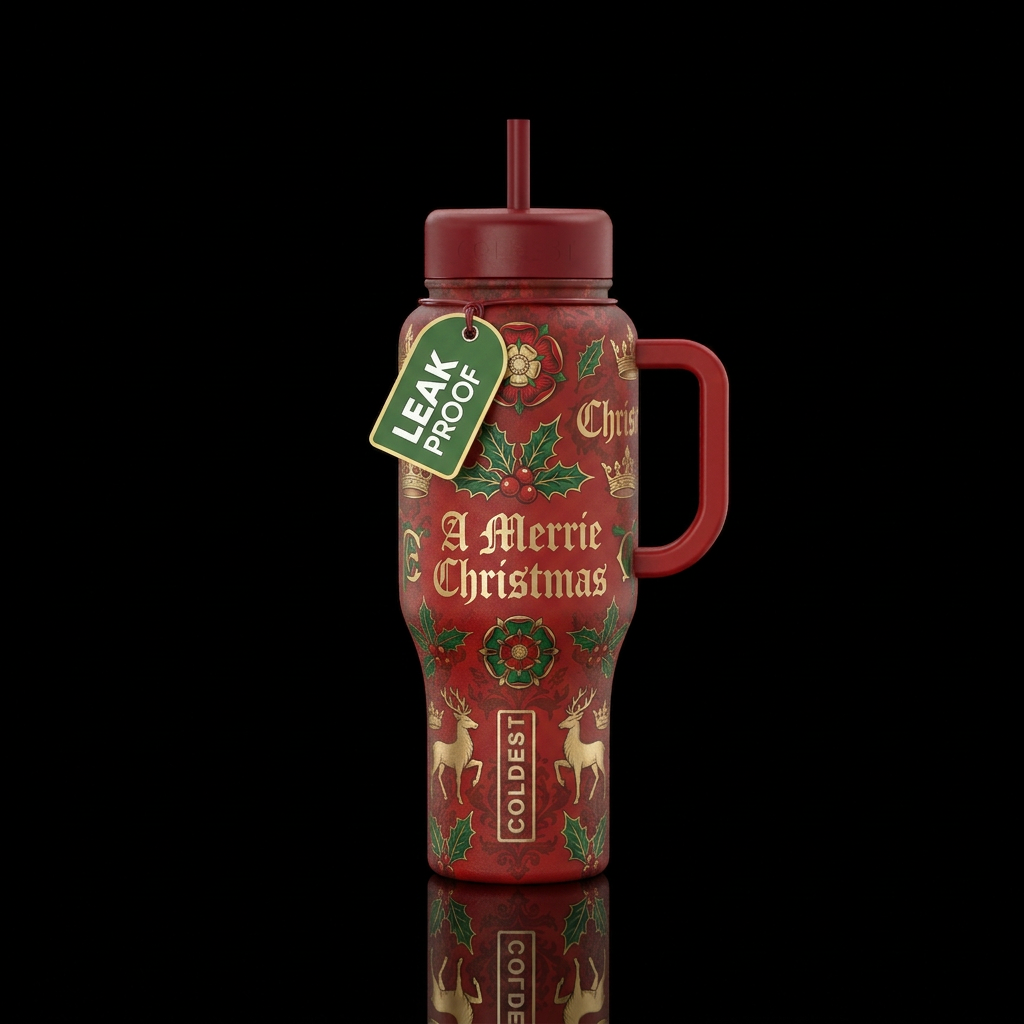 Old English Christmas water bottle design