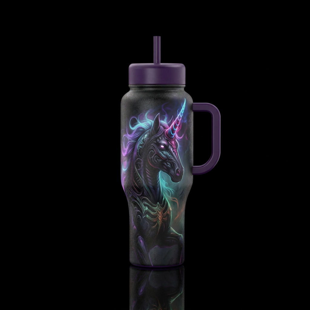 Dark and eerie unicorn water bottle design