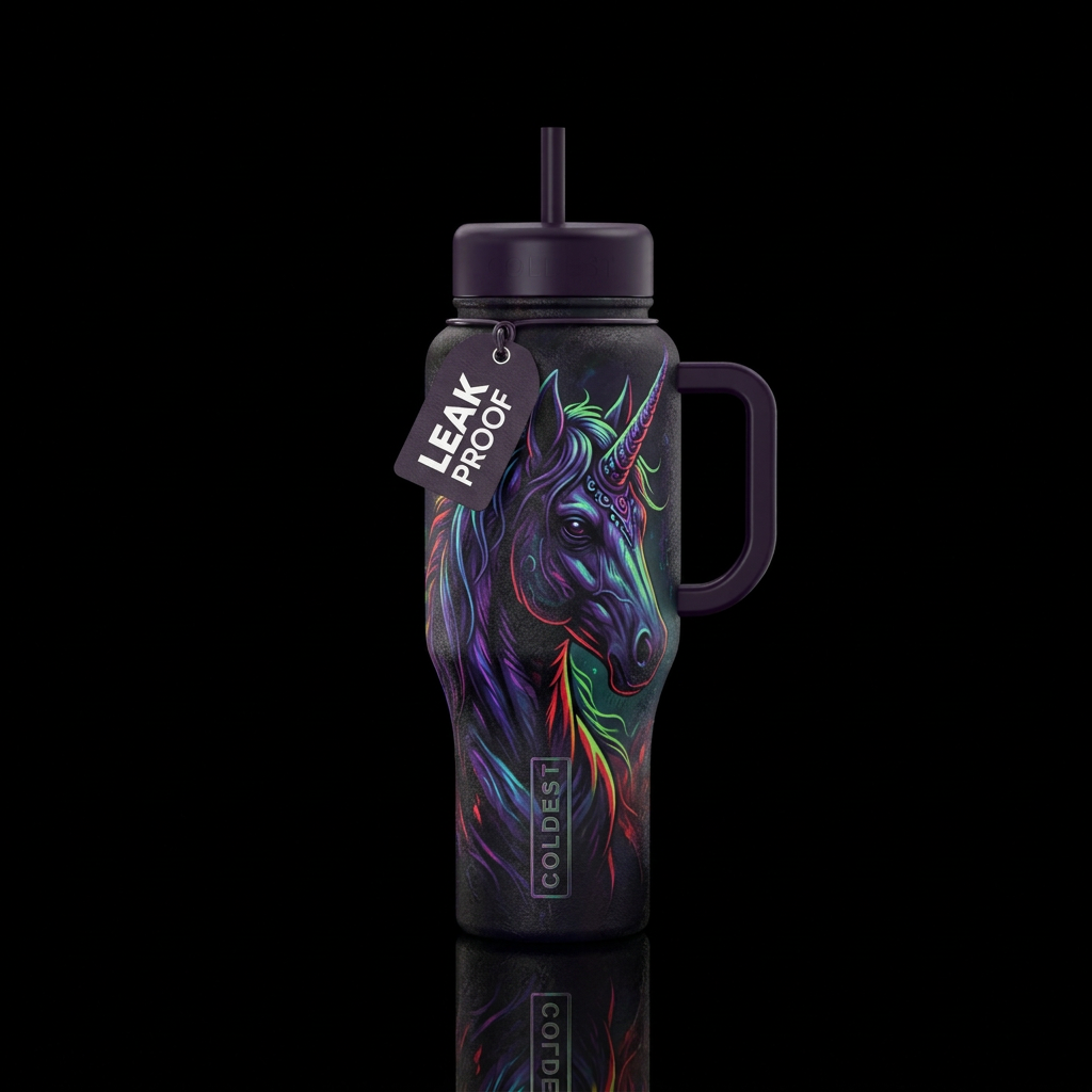 Dark and eerie unicorn water bottle design