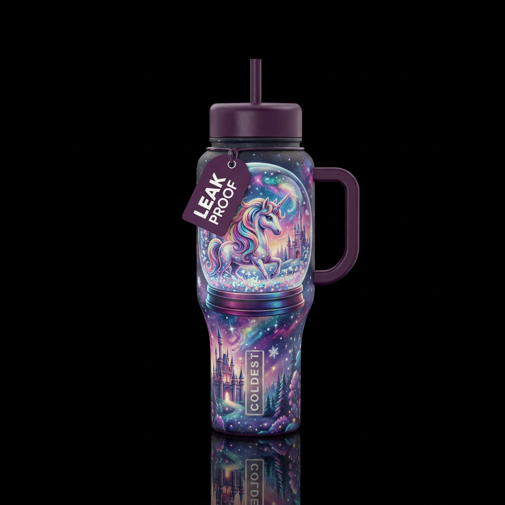 Unicorn snow globe water bottle design