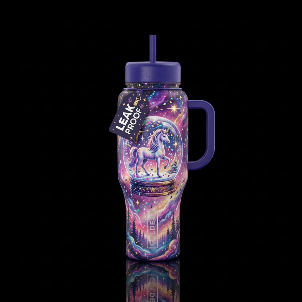 Unicorn snow globe water bottle design
