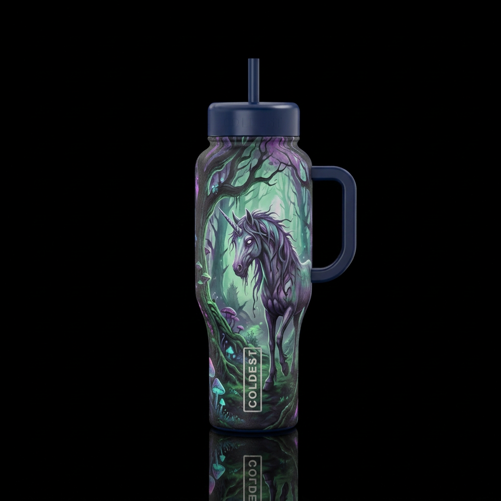 Eerie unicorn in forest water bottle design