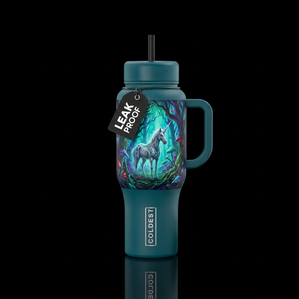 Eerie unicorn in forest water bottle design