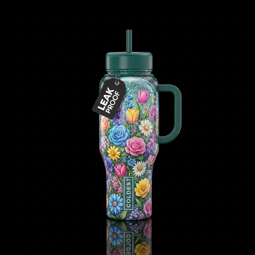 Floral garden snow globe water bottle design