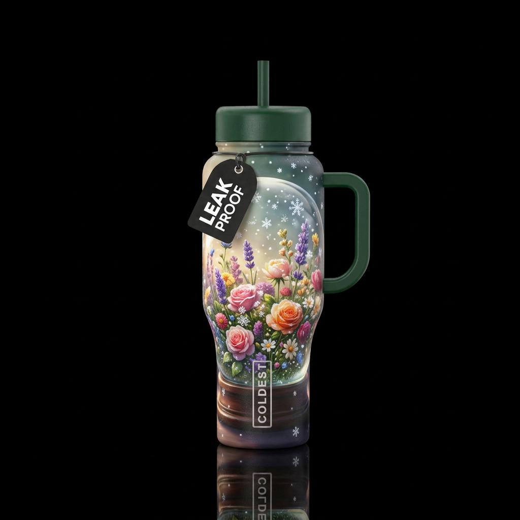 Floral garden snow globe water bottle design