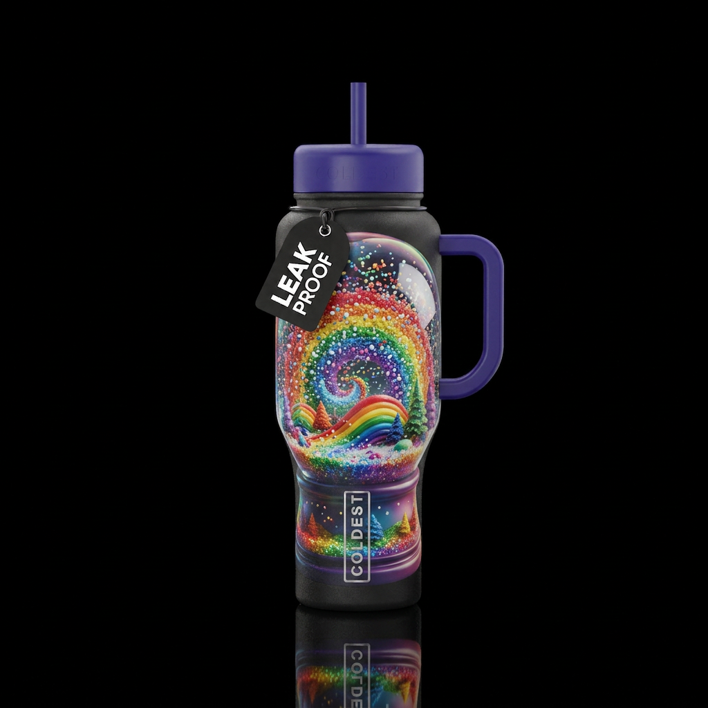 Rainbow snow globe water bottle design